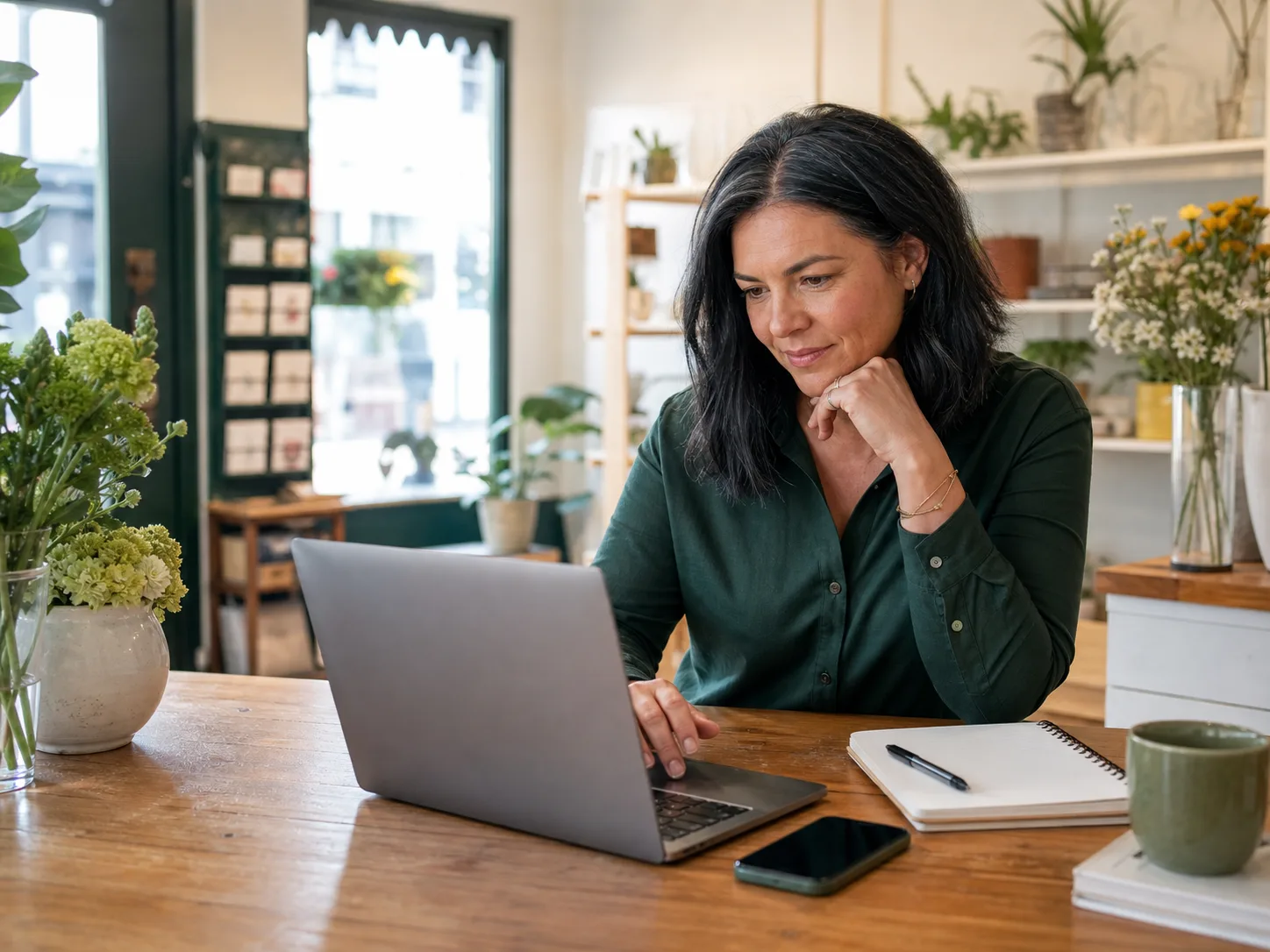 A local business owner reviewing her website at a laptop
