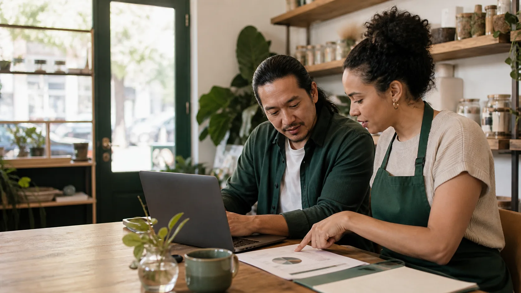 A local business owner and specialist reviewing an online presence action plan